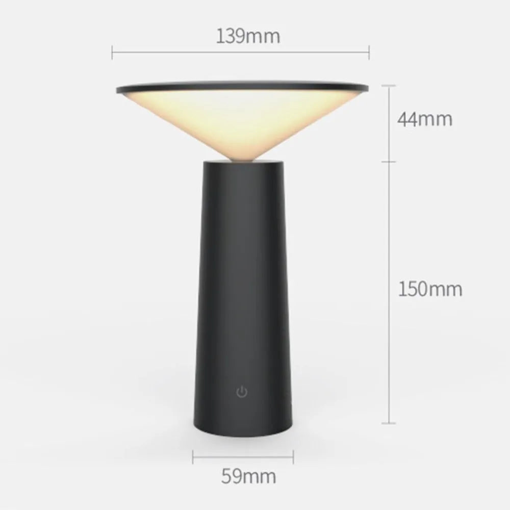 Black USB LED table lamp with adjustable head showing touch controls and micro USB charging port