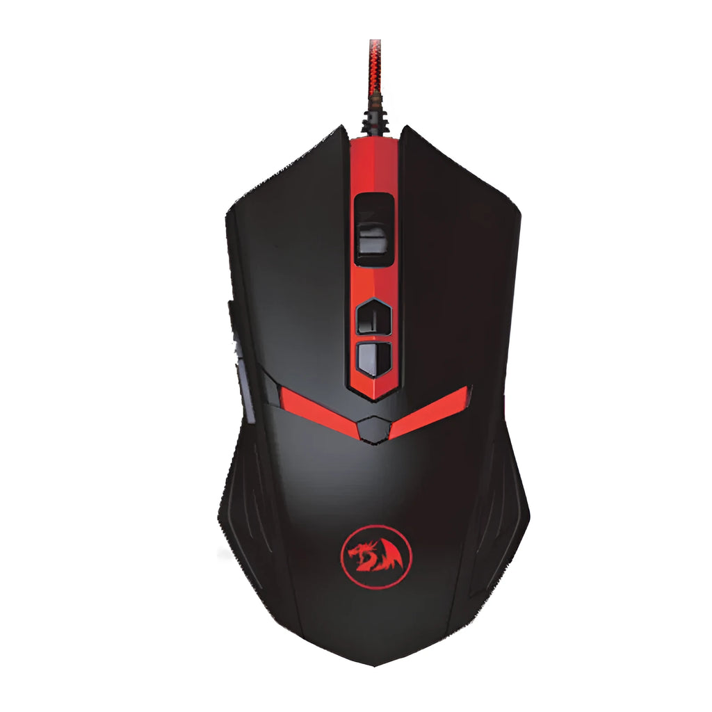 Black and red USB wired optical gaming mouse on a desk surface.