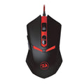 Black and red USB wired optical gaming mouse on a desk surface.