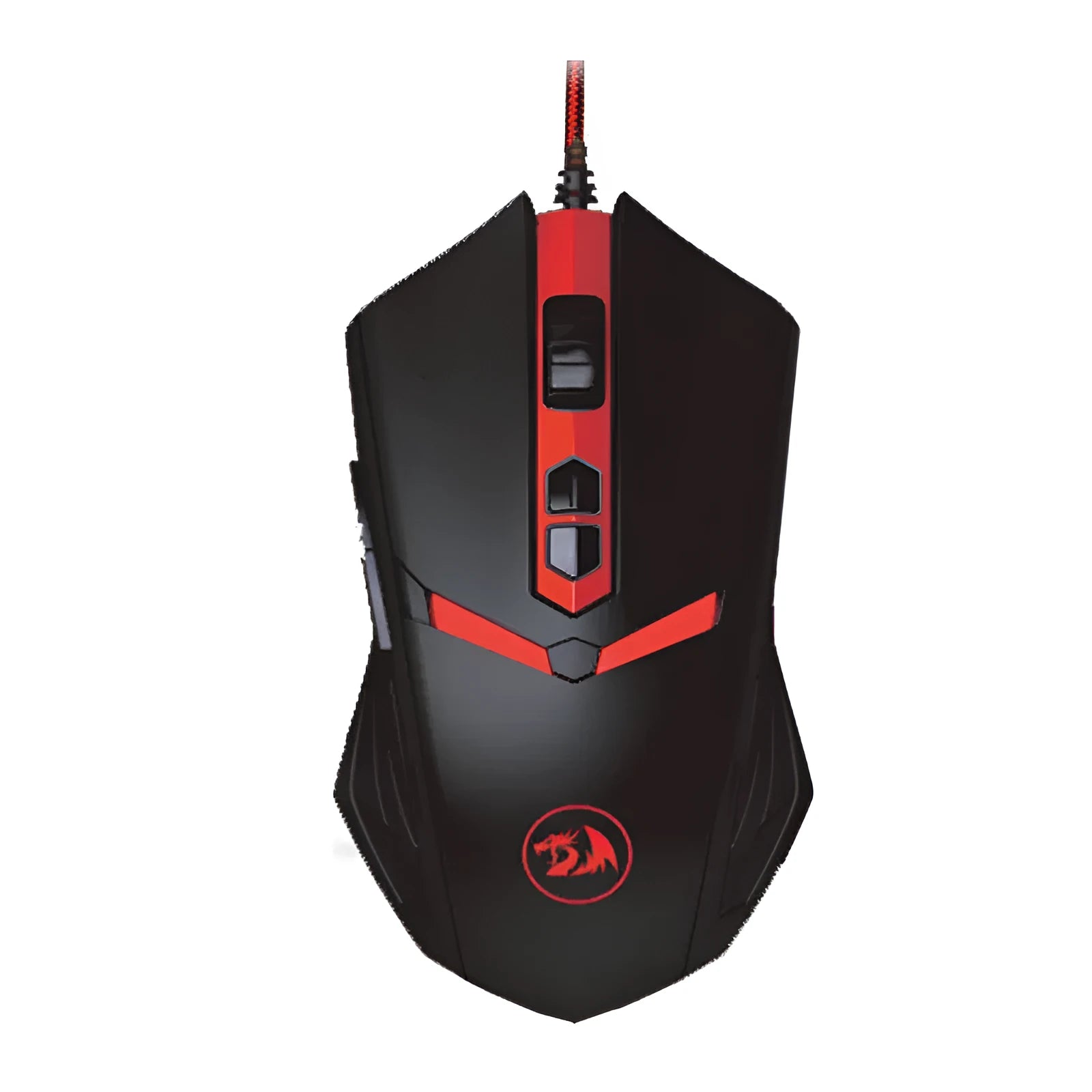 Black and red USB wired optical gaming mouse on a desk surface.