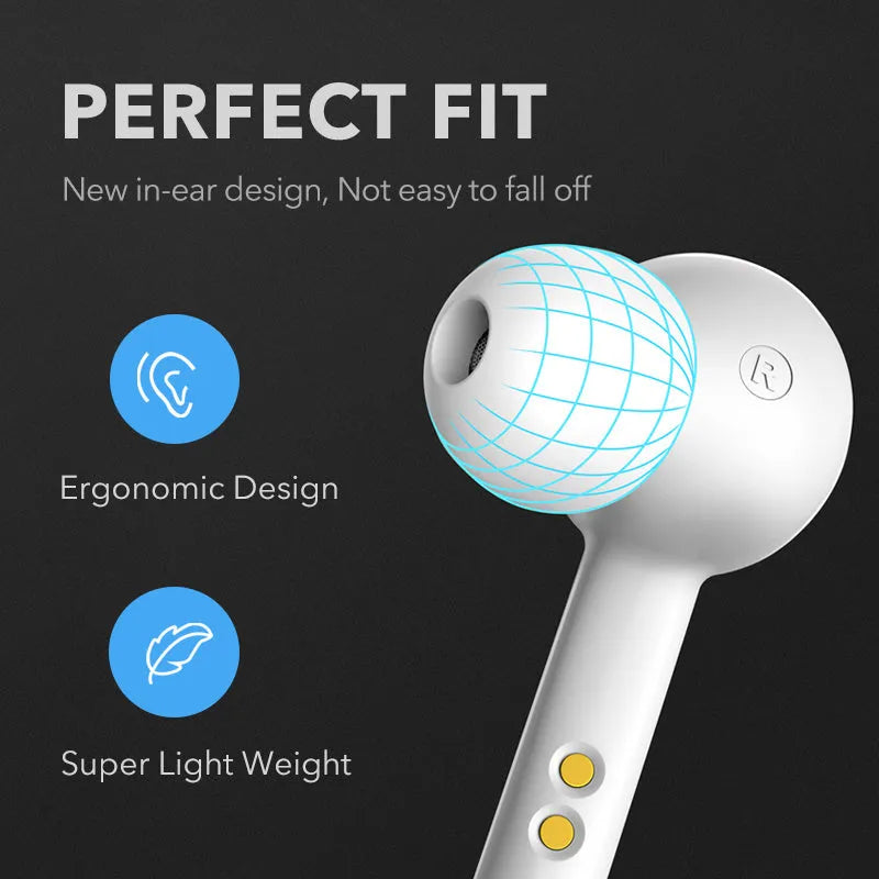 Black and white TWS wireless Bluetooth 5.0 headphones with IPX5 waterproof rating.