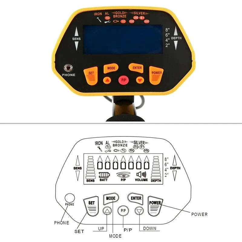 Black and yellow GC1028 professional metal detector with LCD display and waterproof search coil