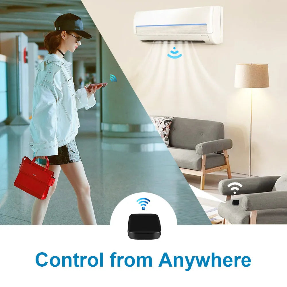 Black universal infrared remote control with voice control and WiFi connectivity for home automation