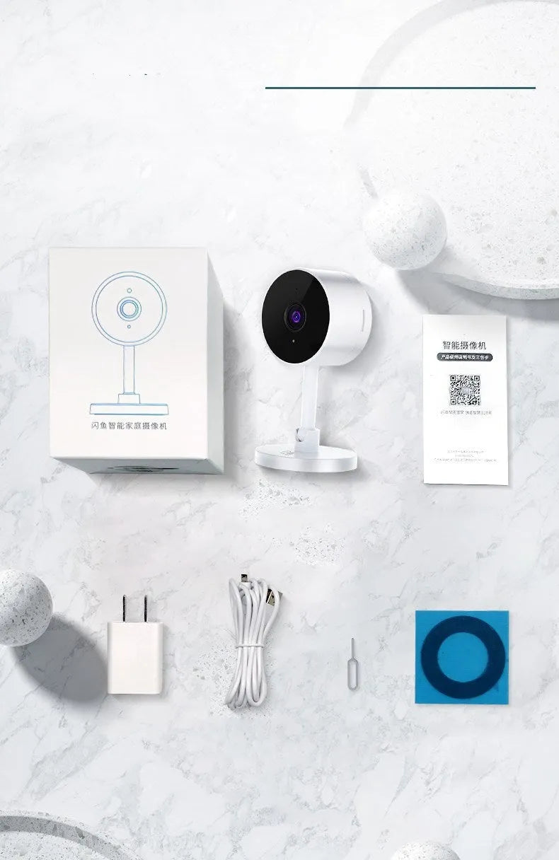 White FLASH FISH gun-style indoor WiFi security camera on a wall.