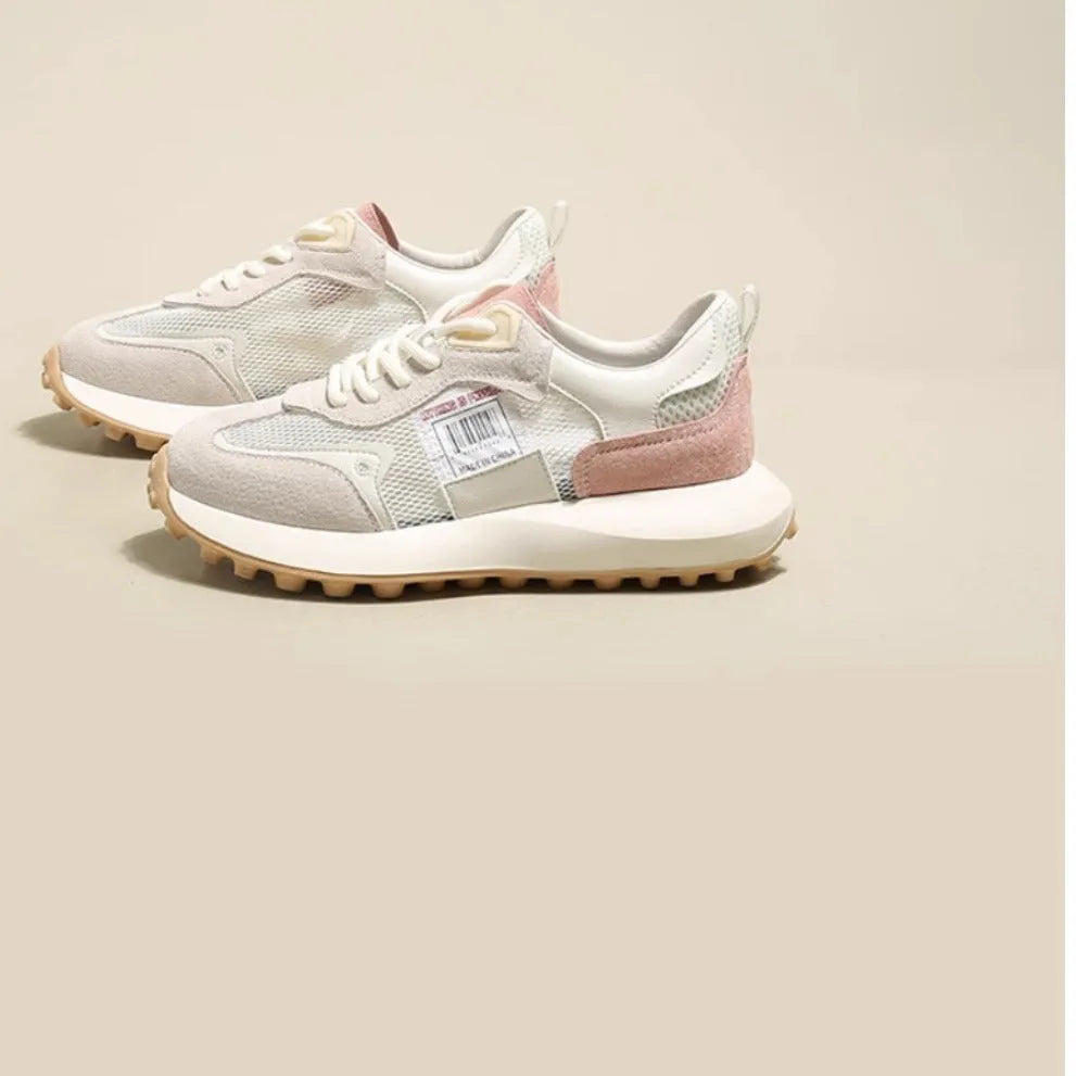 Women's casual retro sneaker in grey or pink with low-top design and round toe