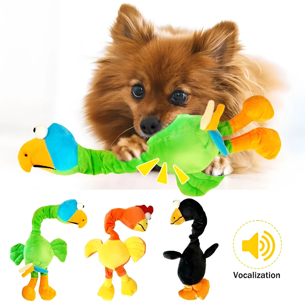 Screaming chicken sound dog chew toy in green colour, shown with bite marks, 19cm long.