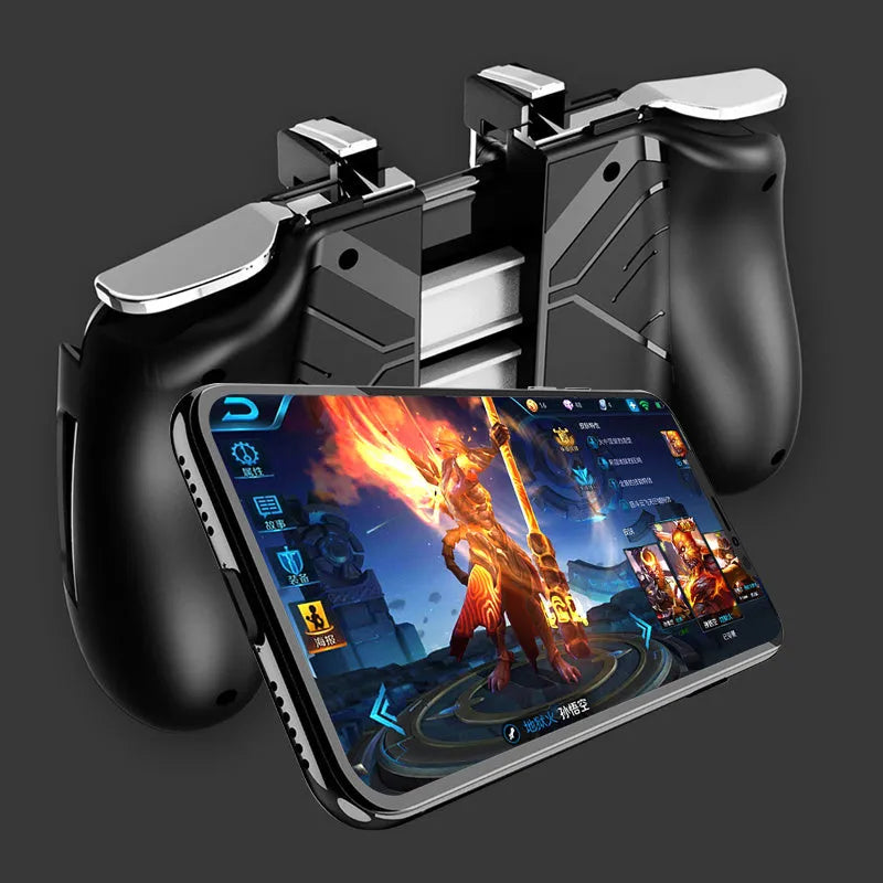 Multifunctional mobile game handle with telescopic bracket extended, shown in black, blue, and white colour options.