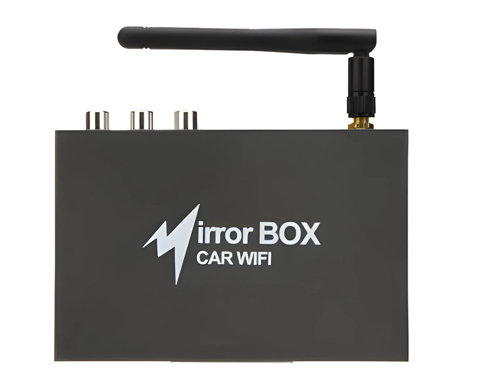 Black car Wi-Fi mirror converter box with cables for smartphone and tablet connectivity to vehicle entertainment systems
