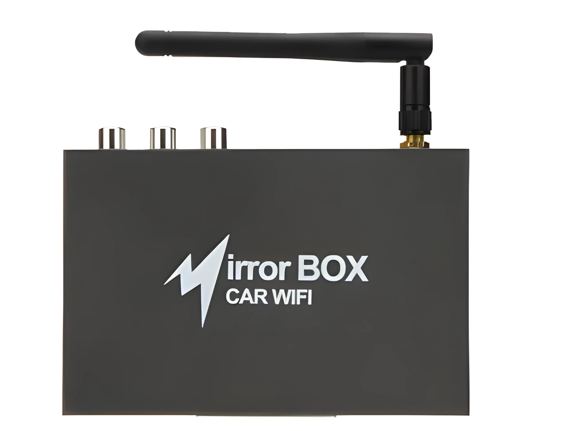 Black car Wi-Fi mirror converter box with cables for smartphone and tablet connectivity to vehicle entertainment systems