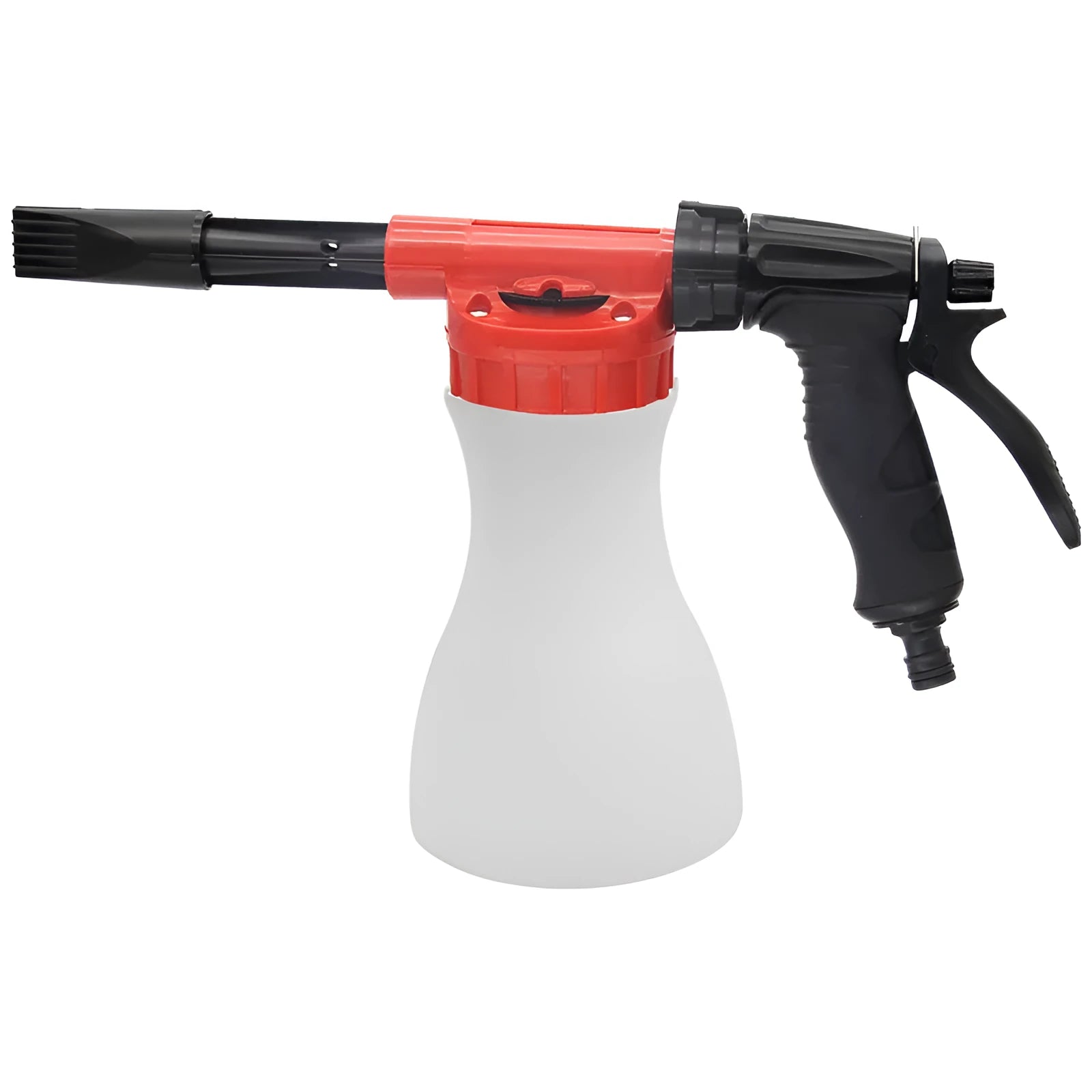 A grey foam pot high pressure water gun for garden use on a wooden surface.
