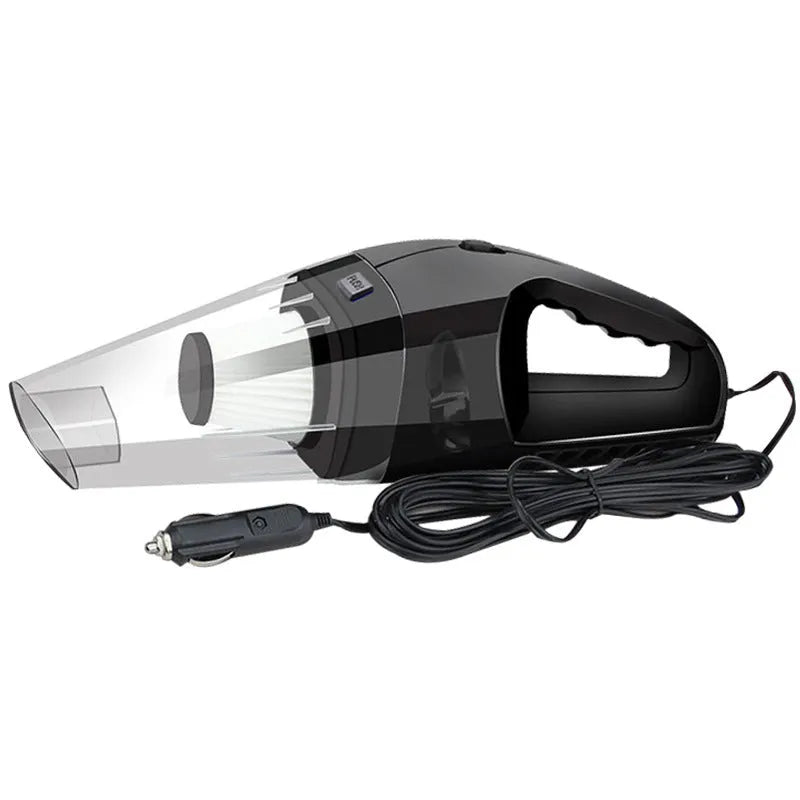 Orange, blue, and black coloured portable 12V handheld car vacuum cleaner with nozzle attachments on a car seat.