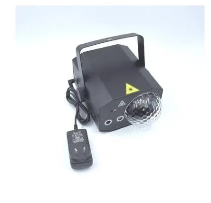 LED laser magic fan stage lighting equipment with dual projection effects in black housing
