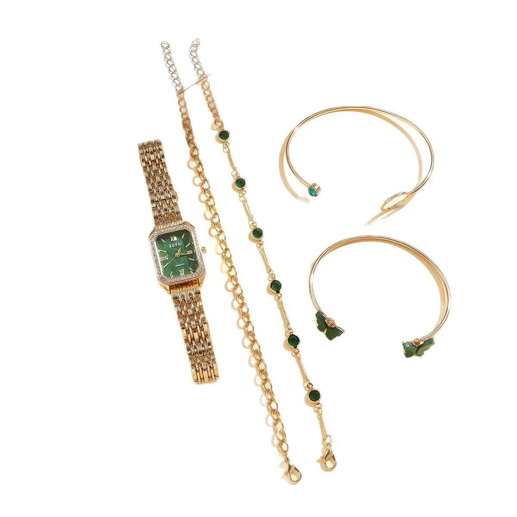 Gold green square women's watch with four matching bracelets in alloy case with jewellery buckle clasp