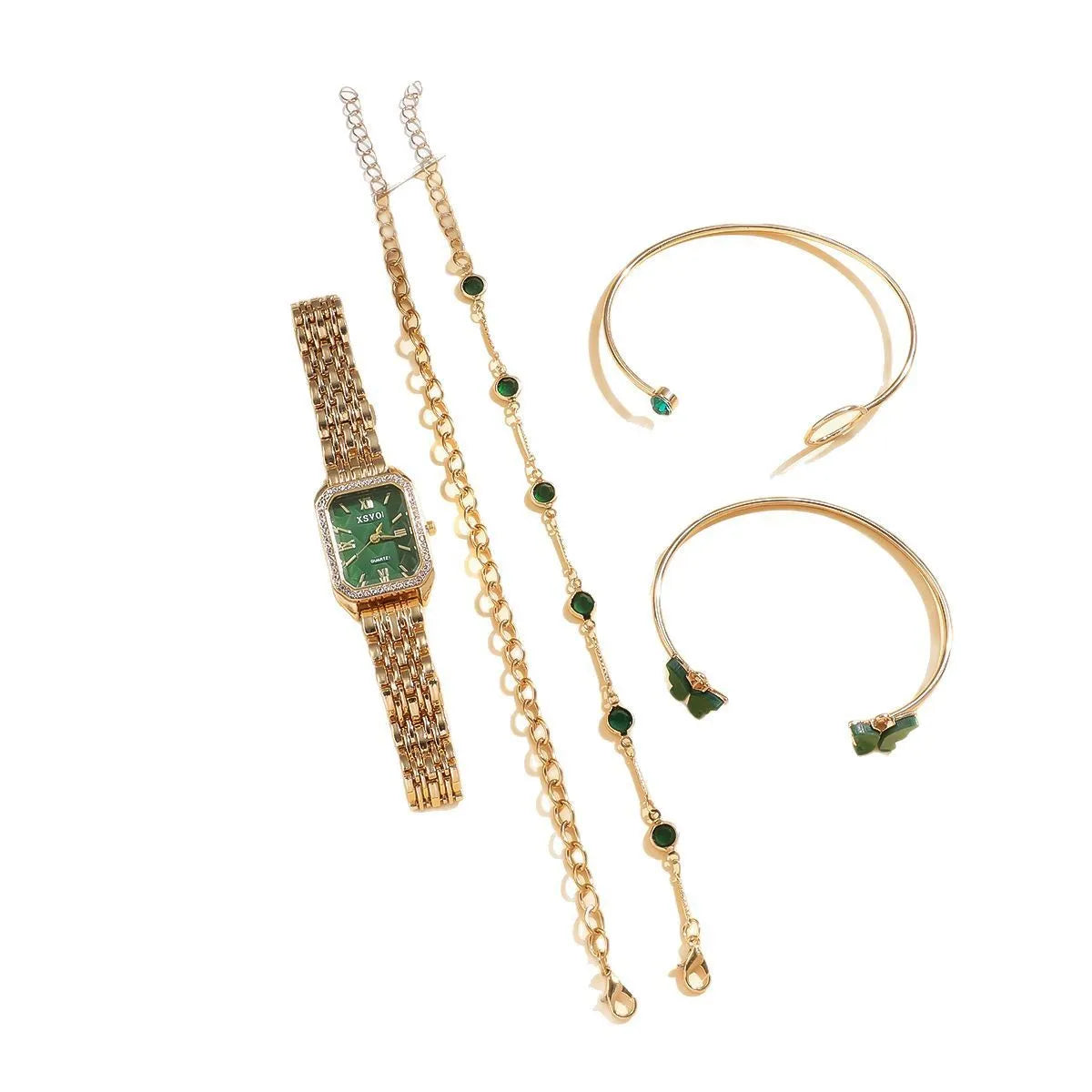 Gold green square women's watch with four matching bracelets in alloy case with jewellery buckle clasp
