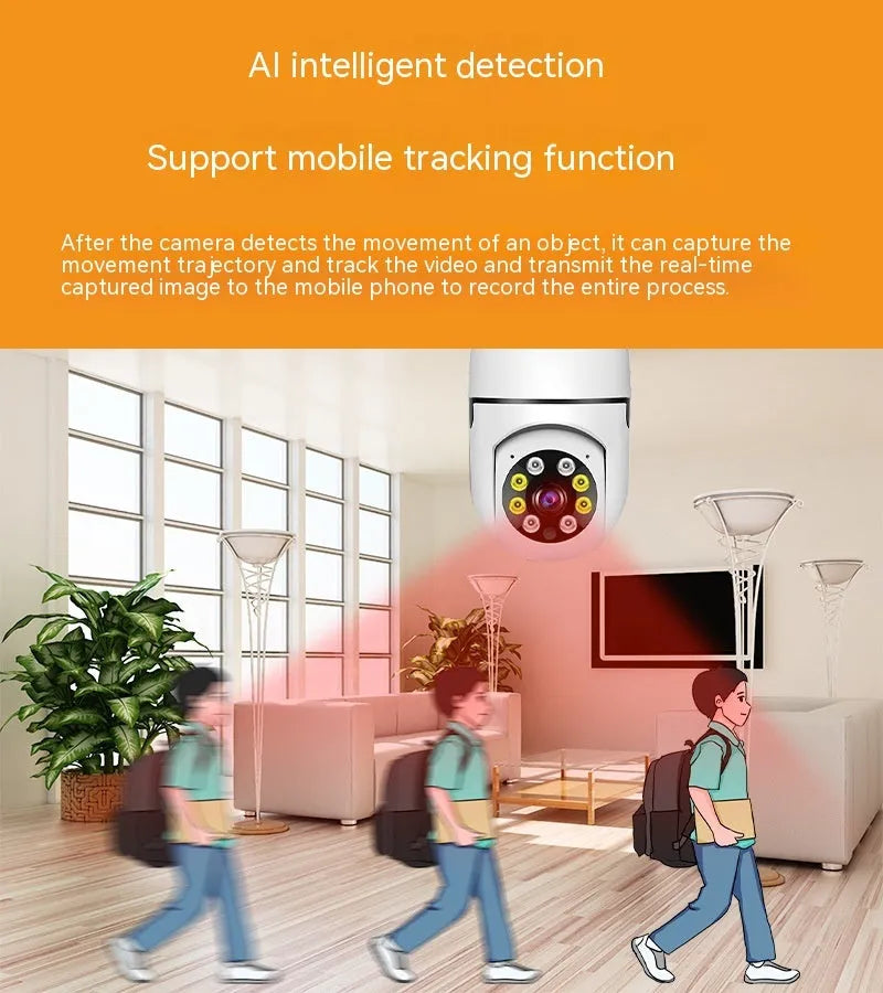 Wireless bulb security camera with metal and plastic housing, measuring 5cm by 12cm.