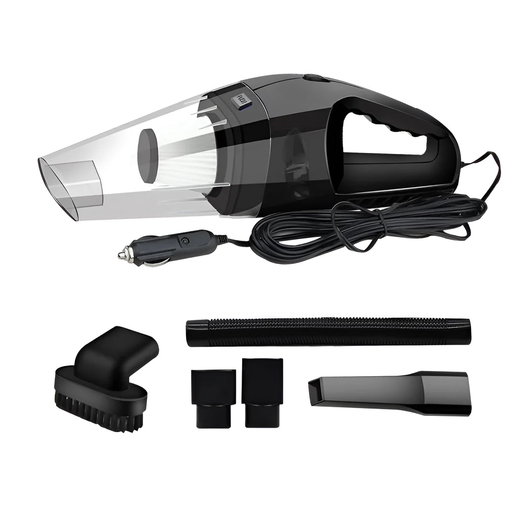 Orange, blue, and black coloured portable 12V handheld car vacuum cleaner with nozzle attachments on a car seat.