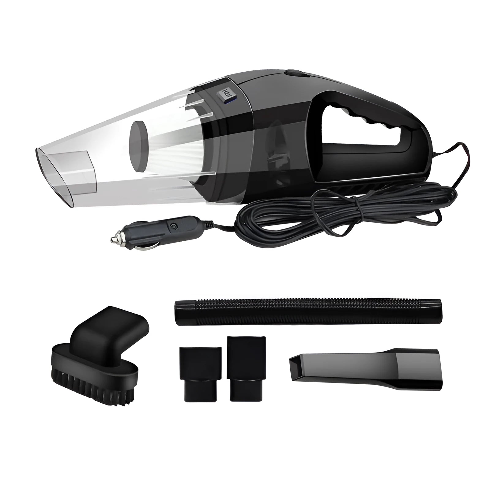 Orange, blue, and black coloured portable 12V handheld car vacuum cleaner with nozzle attachments on a car seat.