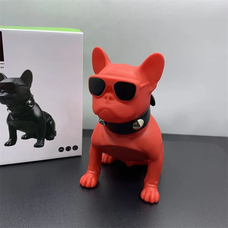 Mini bulldog-shaped Bluetooth speaker in black, red, or white colours showing wireless design