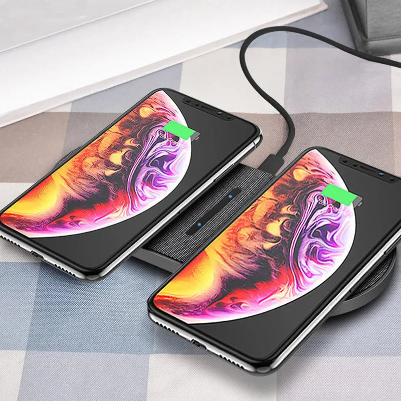 Black wireless charger with two charging pads for simultaneous device charging