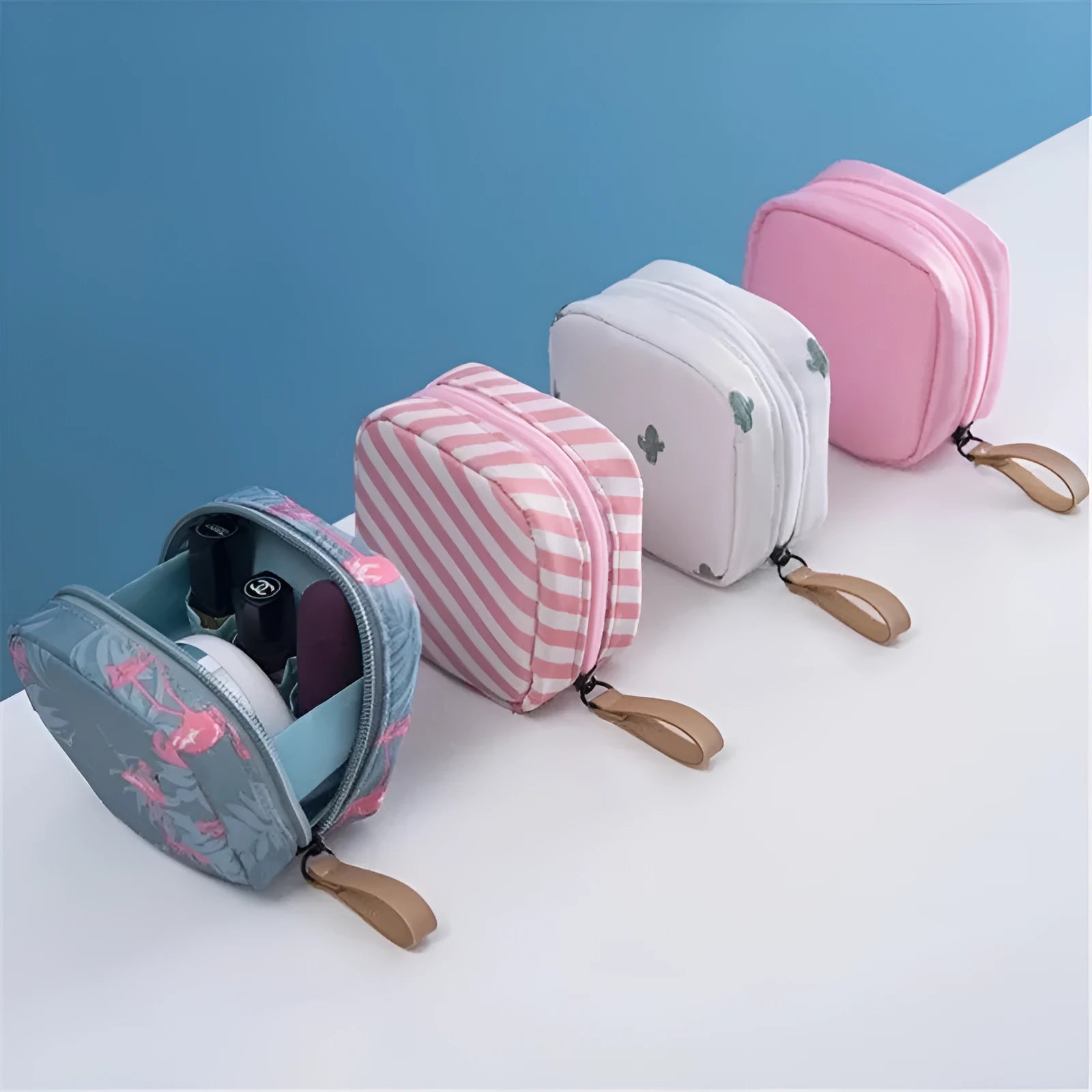 Plain cloth cube-shaped makeup storage bag shown in blue, pink, white, and white pink colour options.