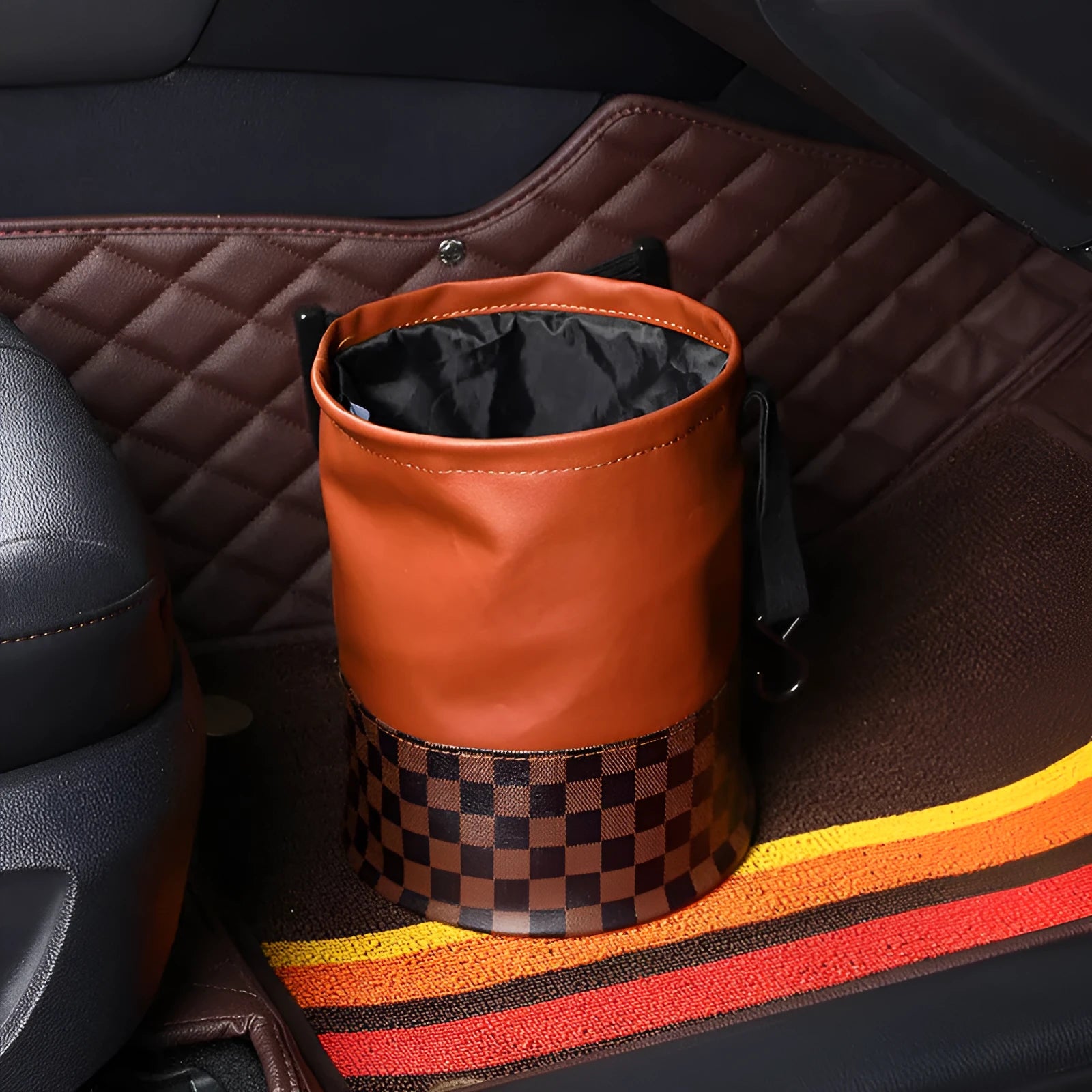 Retractable leather car interior rubbish bin shown in collapsed and expanded states