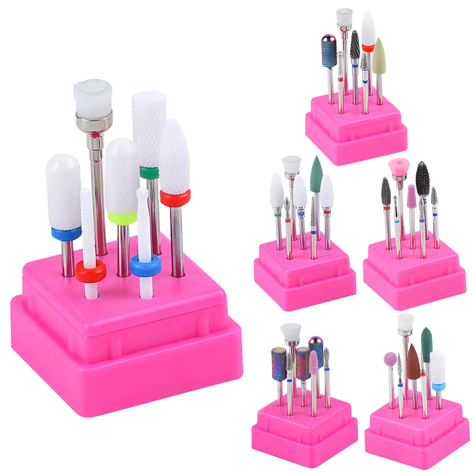 Tungsten steel nail drill polishing head set with seven pieces in a clear case.