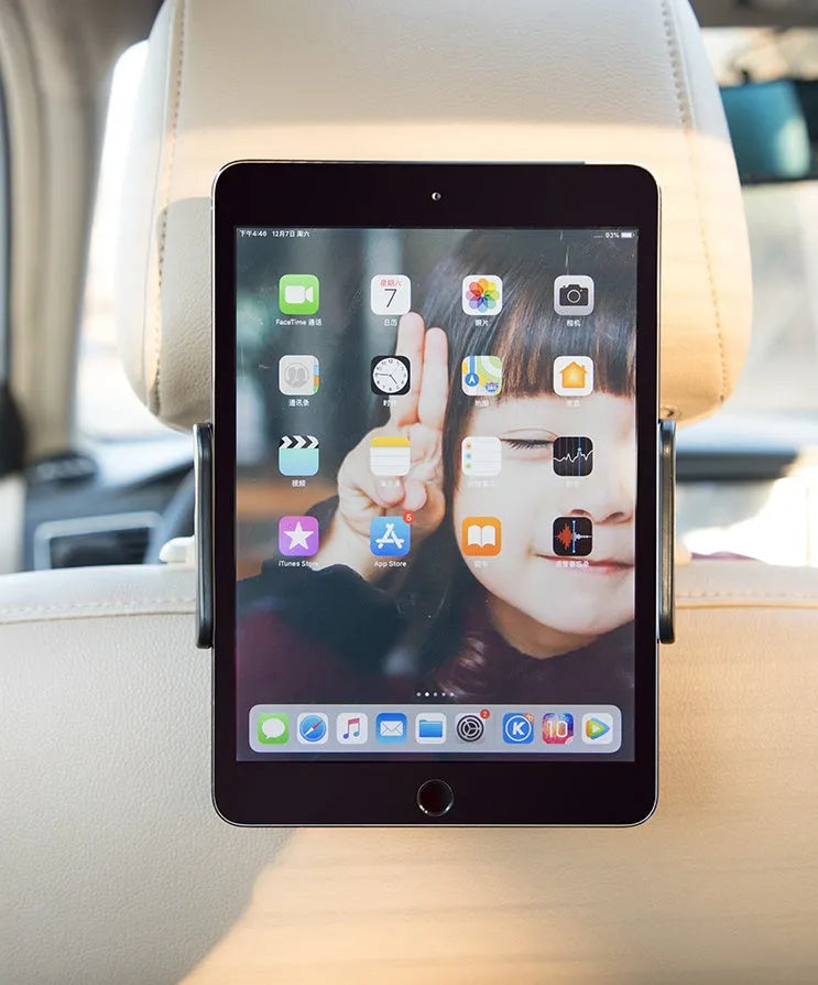 Black universal car phone and tablet holder with snap-in base for mounting on rear car seats.