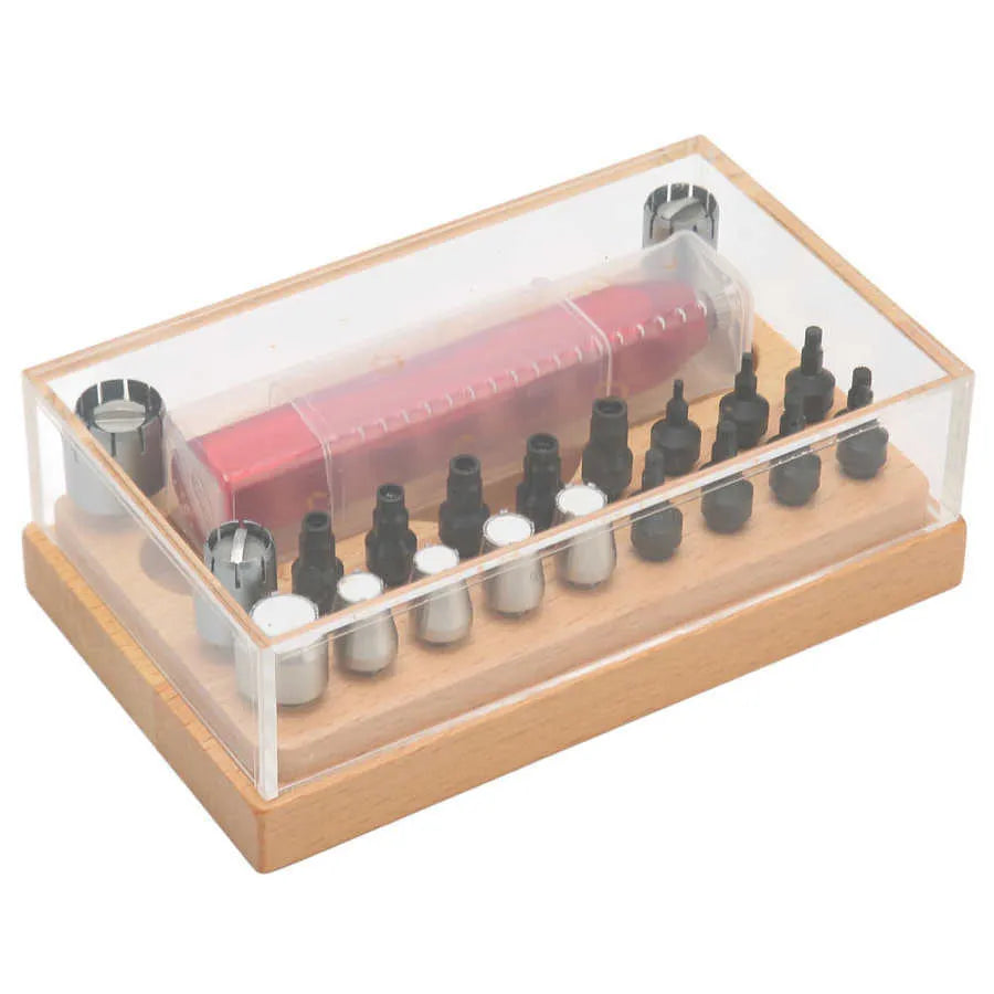 20-piece steel watch repair tool set with barrel opening tools in storage case