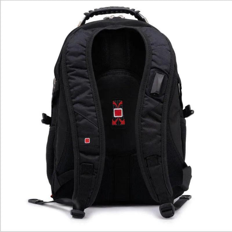 Black business computer backpack with multiple compartments open, showing laptop sleeve and organiser pockets.