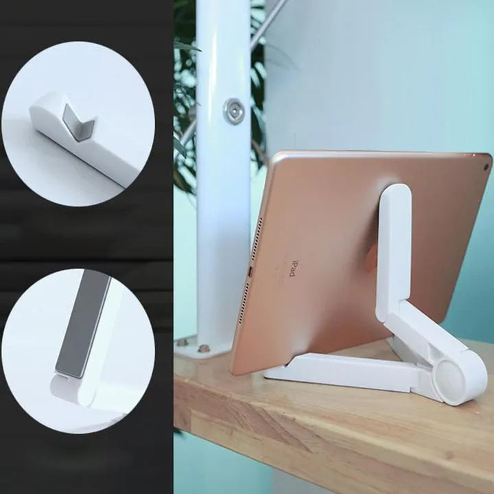 Black foldable tablet holder showing adjustable angle stand with phone positioned in landscape orientation