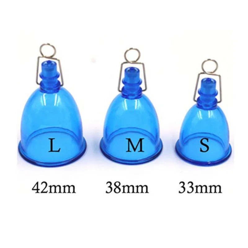 Blue silicone masturbator cup for men, shown in small, medium, and large sizes.