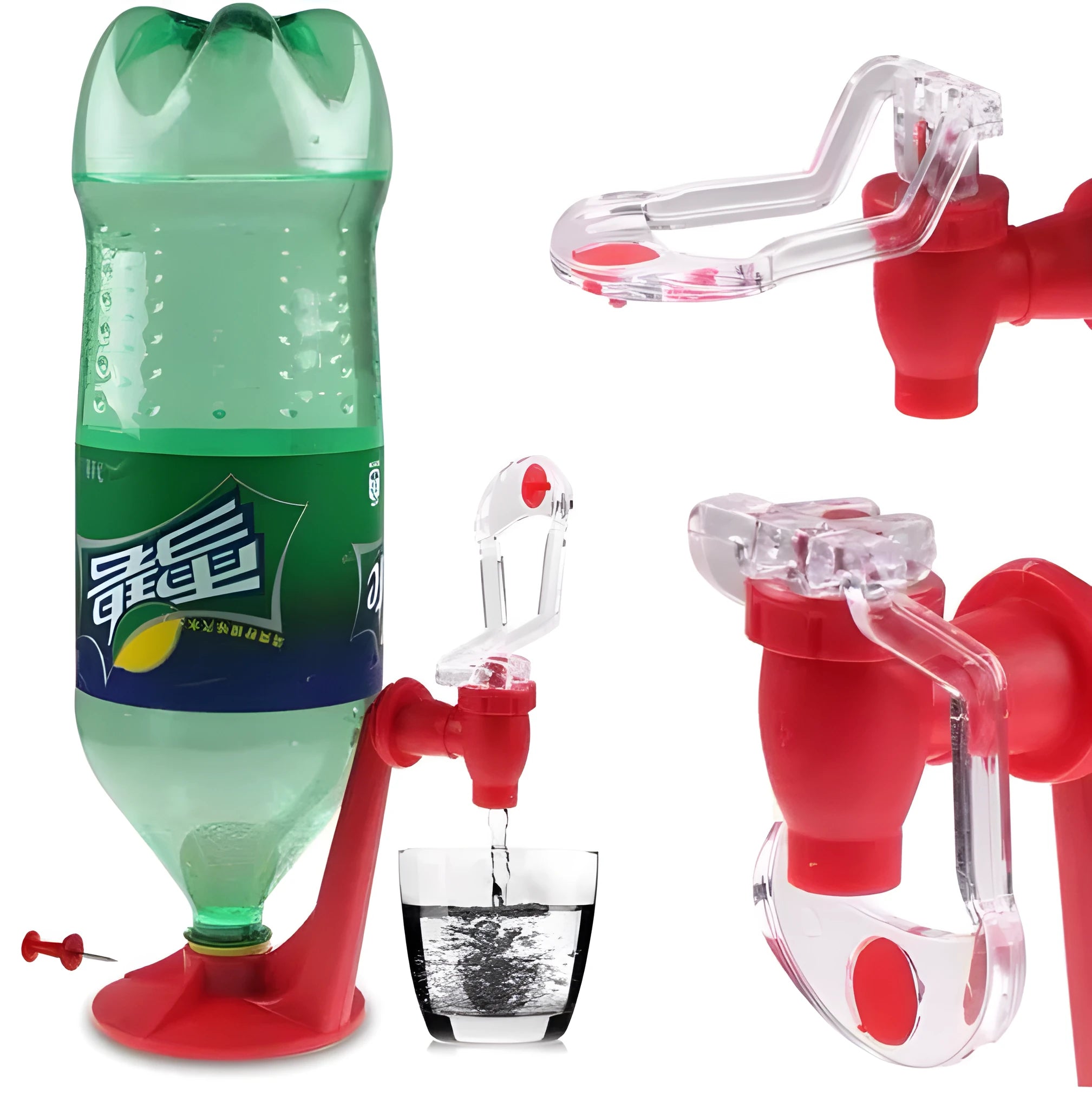 Red plastic Magic Tap soda bottle dispenser attached to an inverted 2-litre bottle.