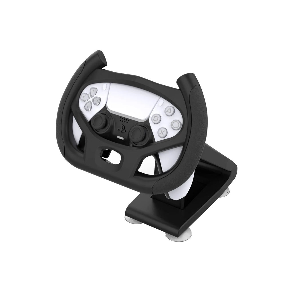 Black ABS plastic steering wheel bracket with suction cup for mounting a mobile gamepad controller.