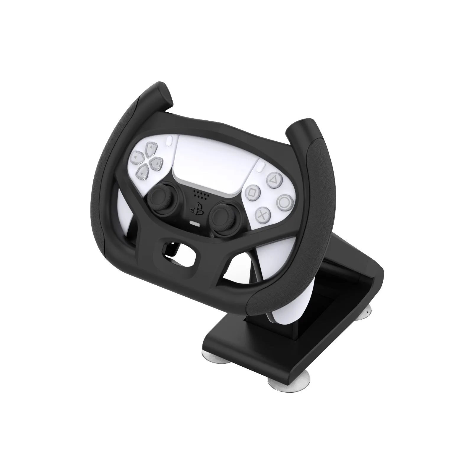 Black ABS plastic steering wheel bracket with suction cup for mounting a mobile gamepad controller.