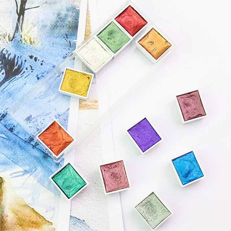 Pearlescent solid watercolour pigment blocks in box, 17mm × 20mm × 10mm size for painting