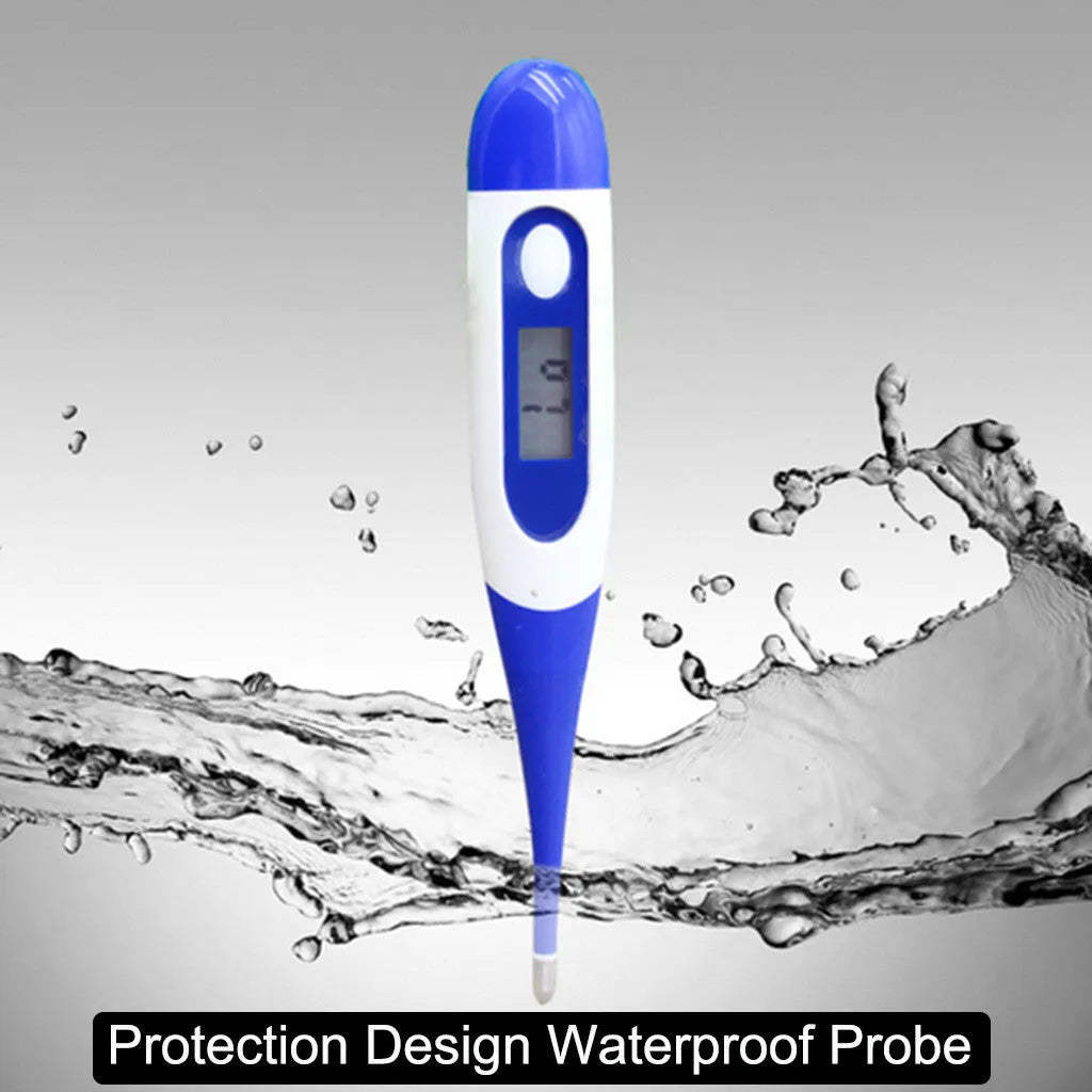 Blue digital electronic waterproof thermometer with LCD display, made from plastic and silicone