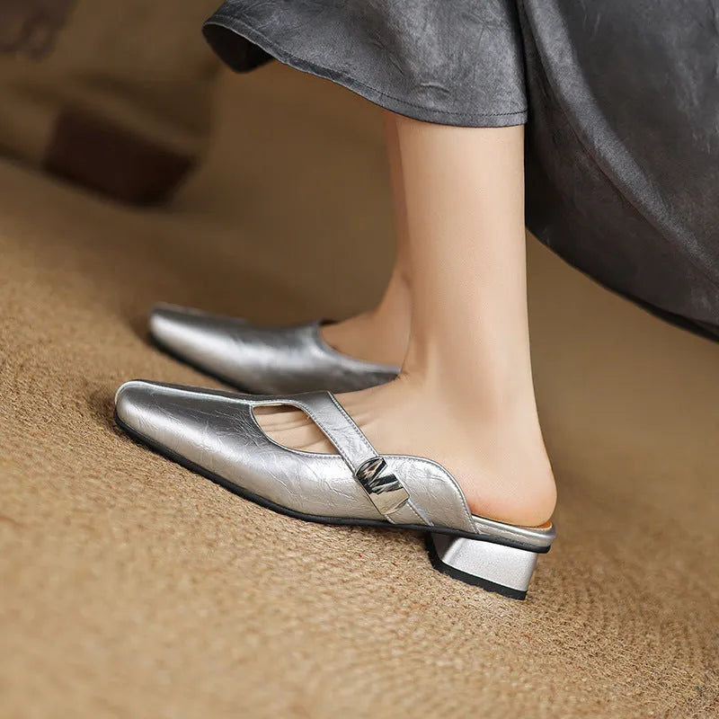 British-style square toe outdoor slippers in black, beige, and silver colours with low heel design