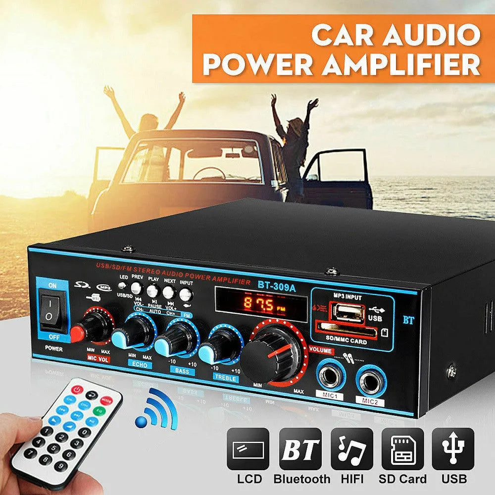 Black BT-309A-A Bluetooth power amplifier with remote control for home and car audio systems