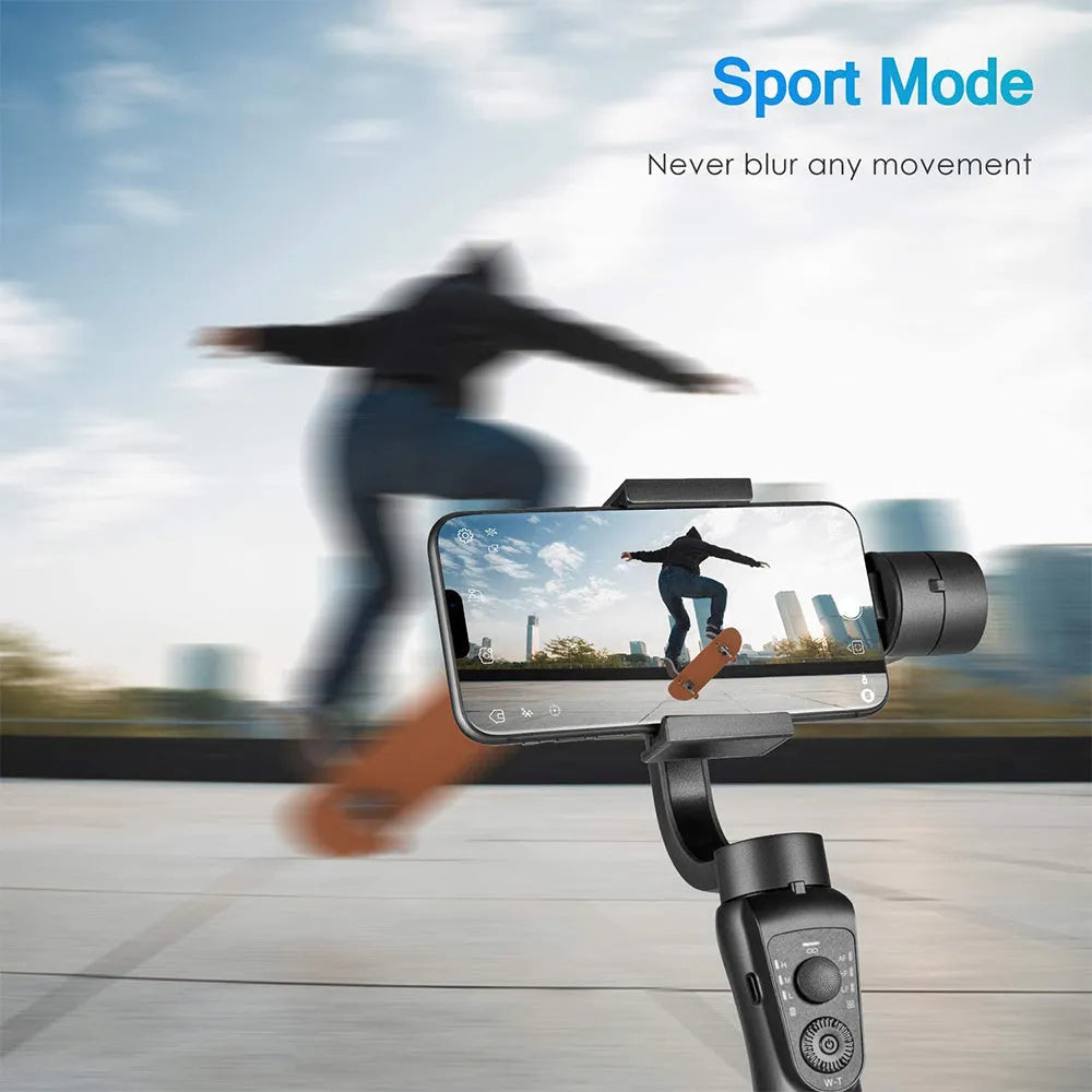 Black three-axis handheld gimbal stabilizer for mobile phones with extended battery and protective cases.