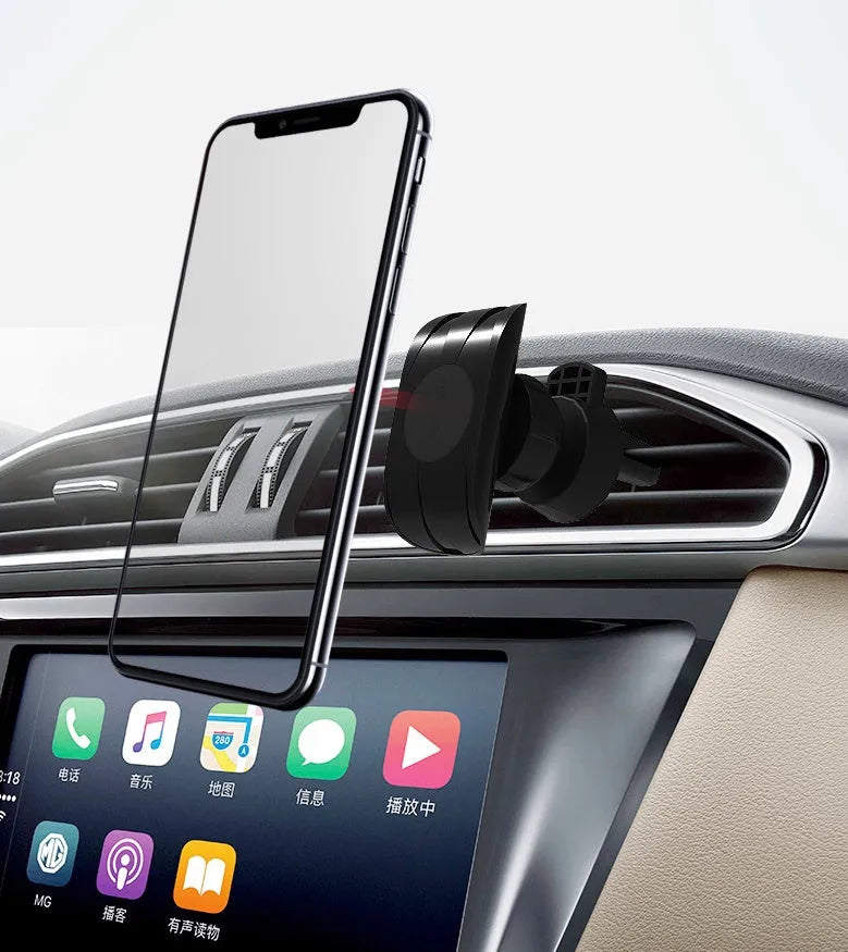Black car phone holder mounted on car air vent with smartphone secured in adjustable clamp