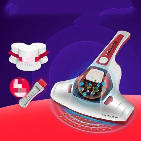 Pink mite killing handheld vacuum cleaner for mattress and sofa cleaning.
