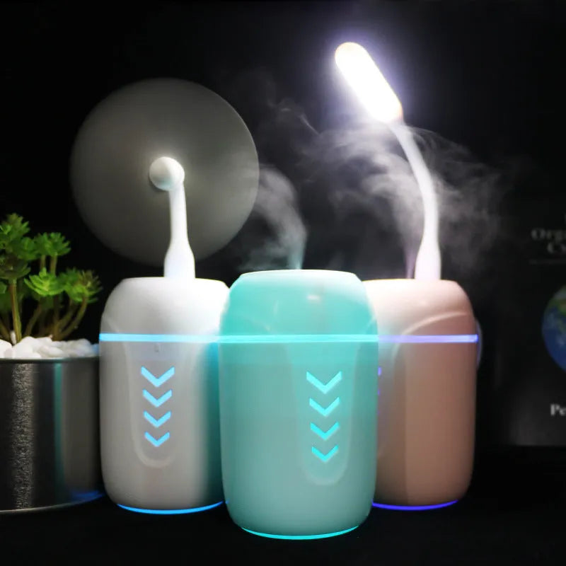 X3 portable car humidifier with columnar design in blue colour showing USB port and mist outlet