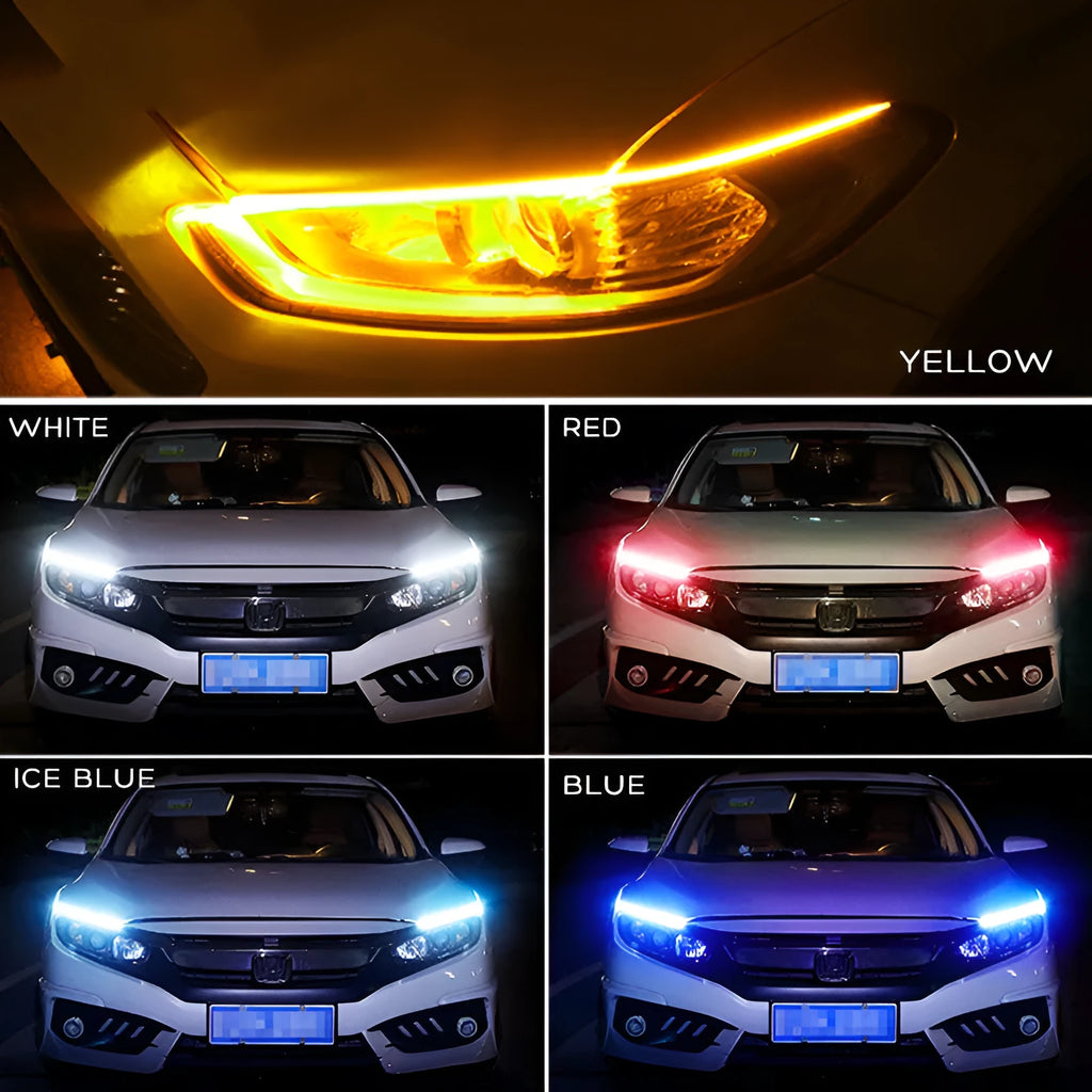 Flexible silicone car LED light strip for daytime running lights and turn signals.