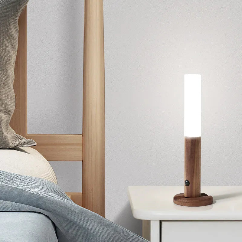 Compact smart sensor LED desk lamp made of solid wood and acrylic, showing coffee colour option.