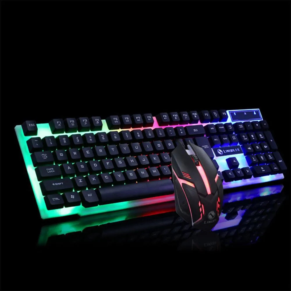 GTX300 gaming keyboard and mouse set in black with backlit keys and USB cables