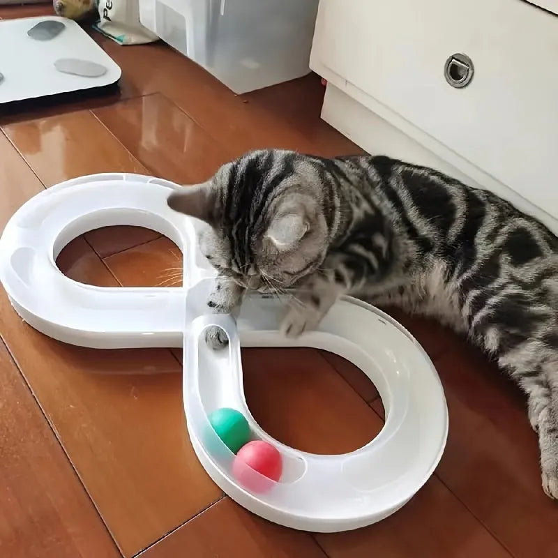 Blue and white cat turntable track ball toy with built-in teaser stick measuring 50 cm