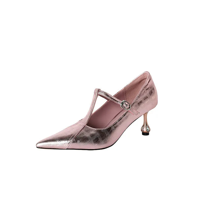 Genuine leather Mary Jane pumps with pointed toe and chunky mid-heel in gun colour.