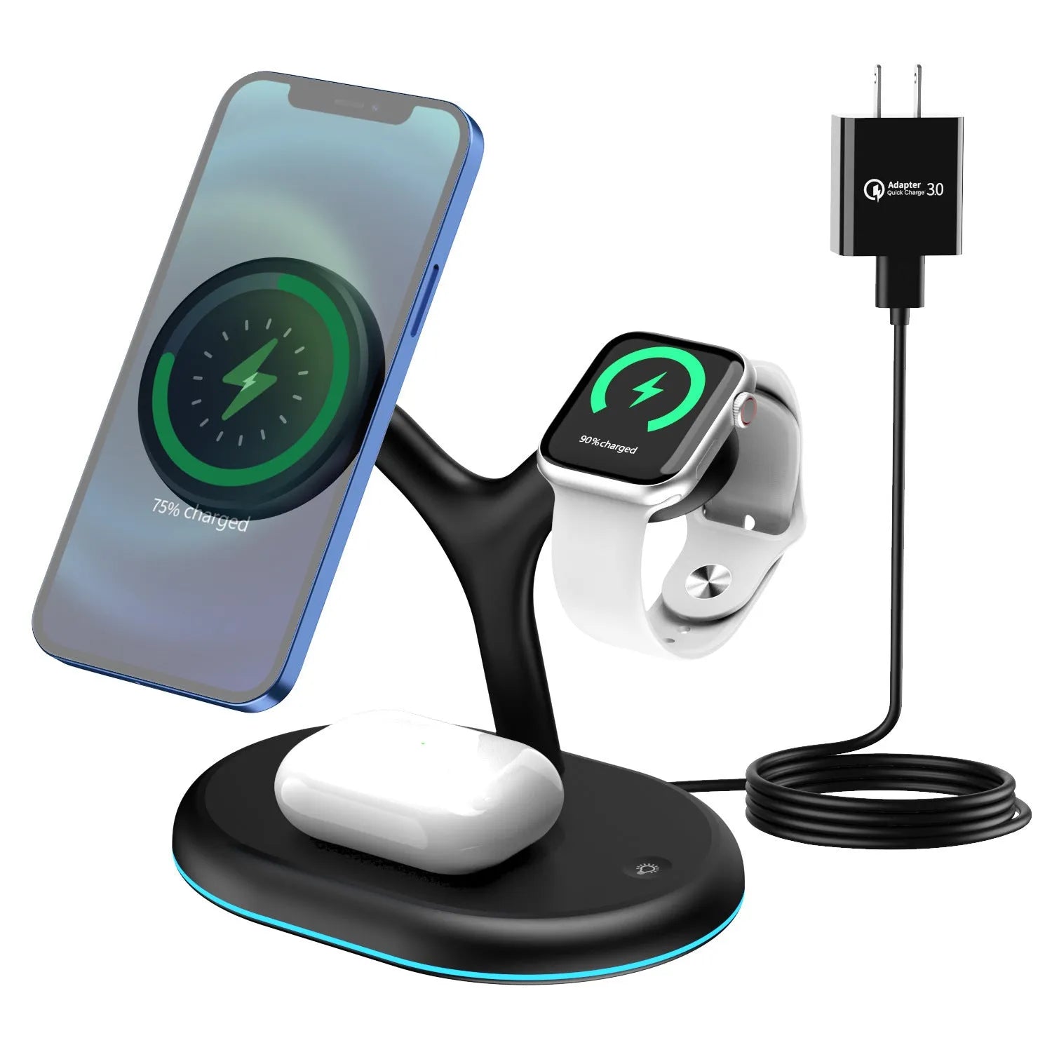Black multifunctional three-in-one magnetic wireless charger on a flat surface.