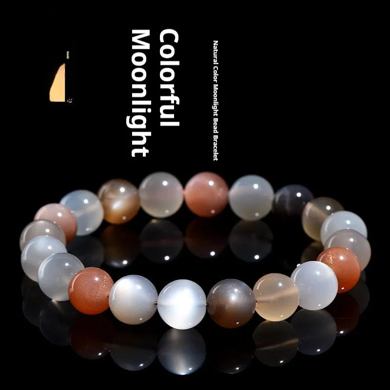 Natural moonstone bracelet with colourful pattern showing 8mm beads in single circle configuration