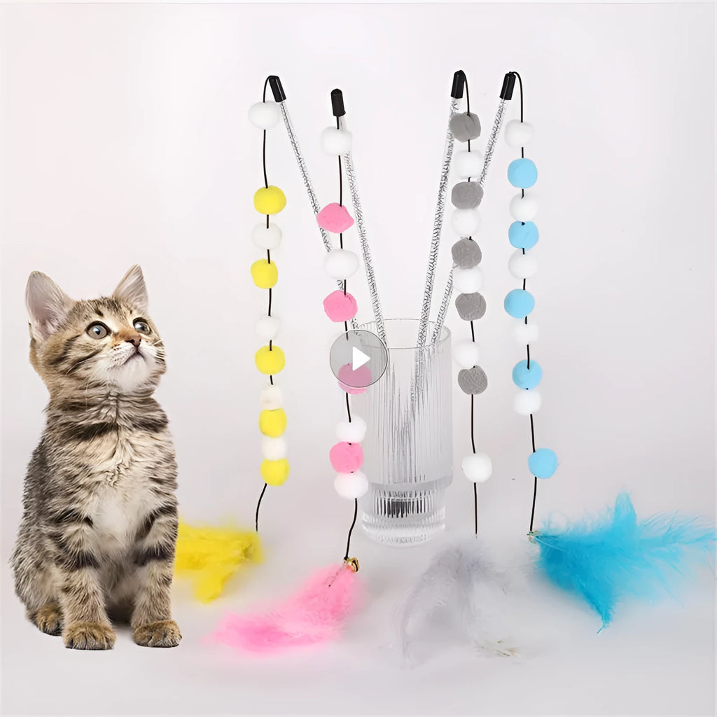 31cm long cat teaser interactive toy rod with bell and pompon feather attachments